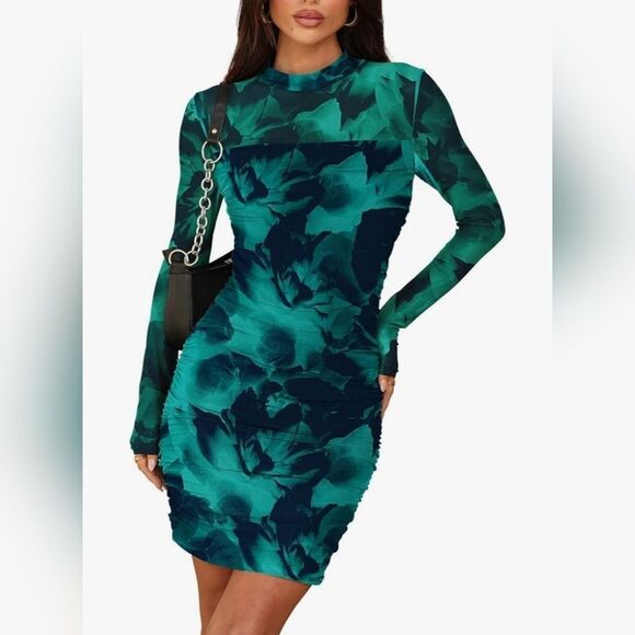 🔸️NWT Emerald Blue Floral Bodycon Mesh Long Sleeve Dress Small - Picture 13 of 16
